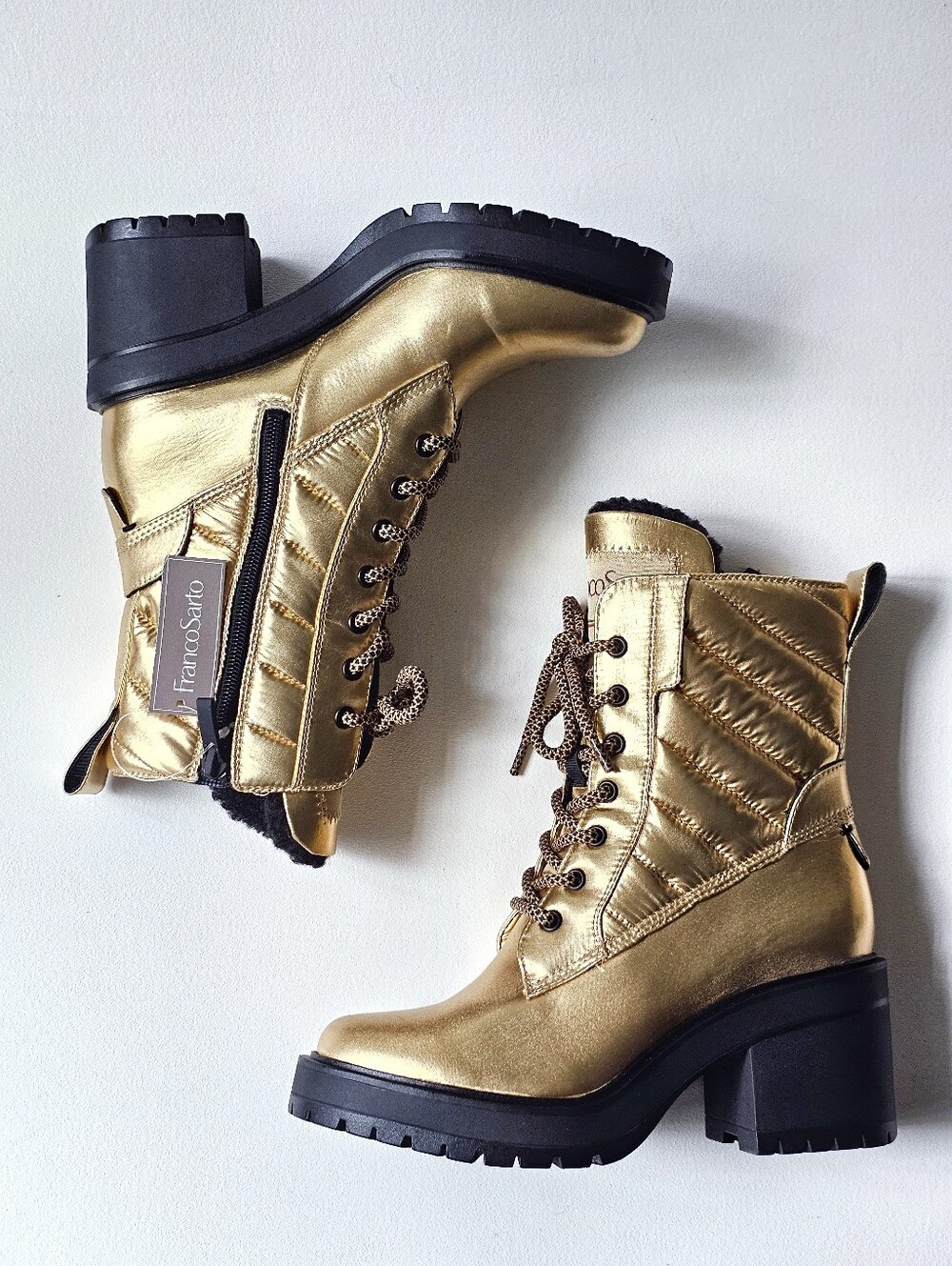 Franco Sarto Dizzy Gold Metallic Combat Boots Faux Fur Lined Water Repellent 5.5